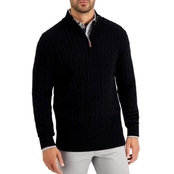 Club Room Mens XXL Black Cable Knit 1/4-Zip Cotton Blend Pullover Sweater $75 - Picture 1 of 4